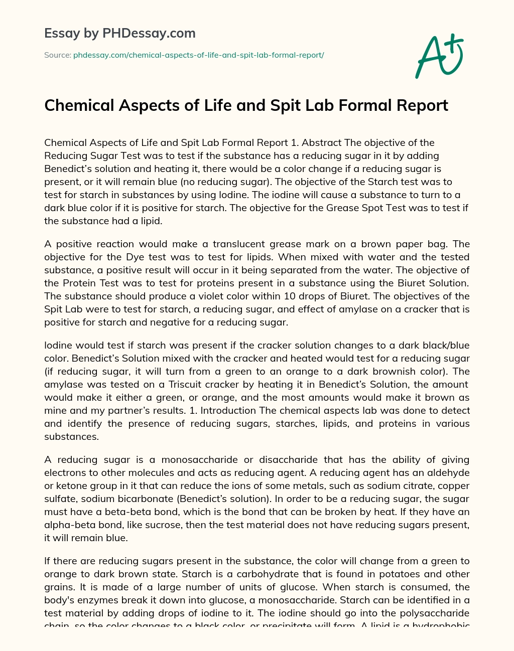 Chemical Aspects of Life and Spit Lab Formal Report essay