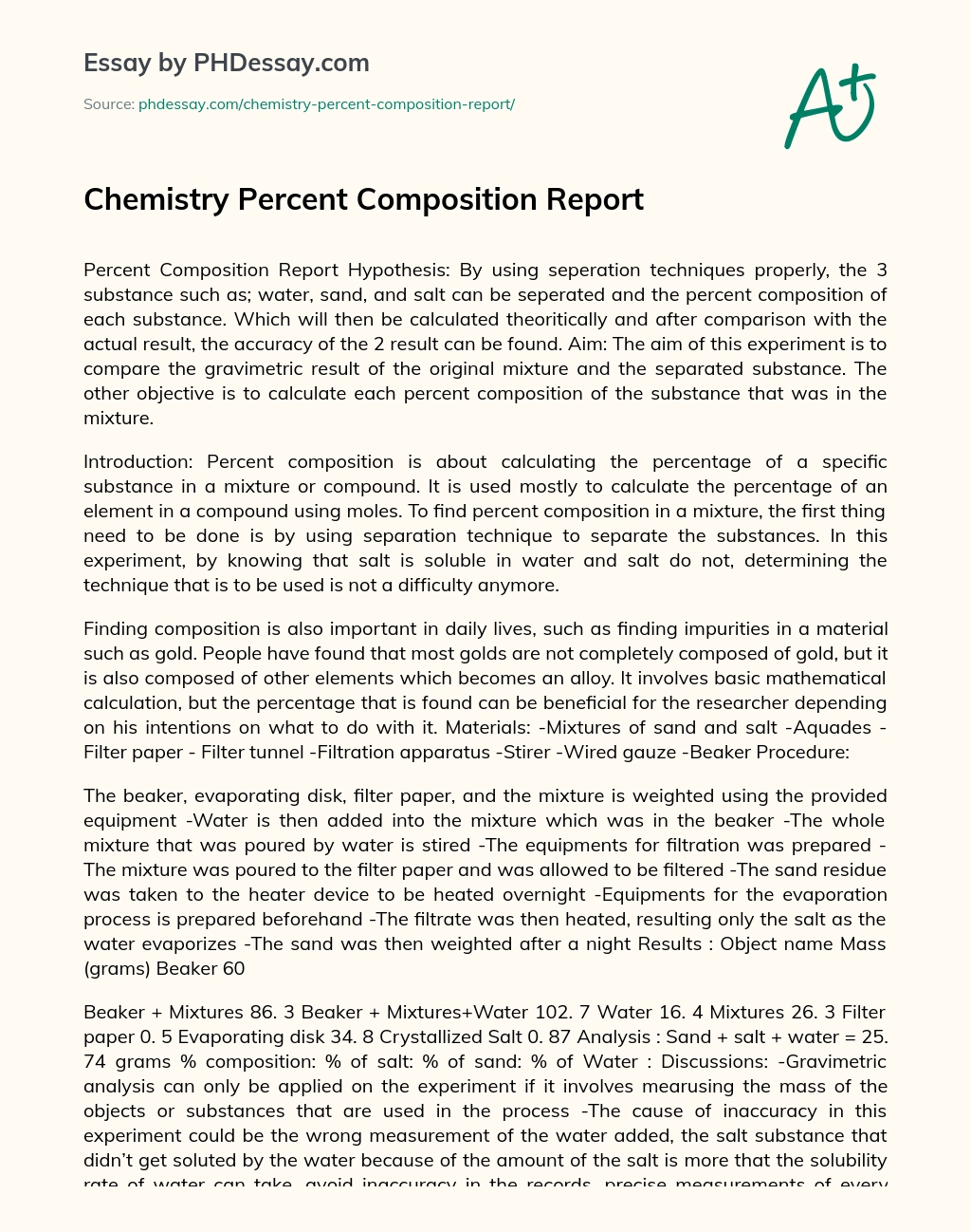 Chemistry Percent Composition Report essay