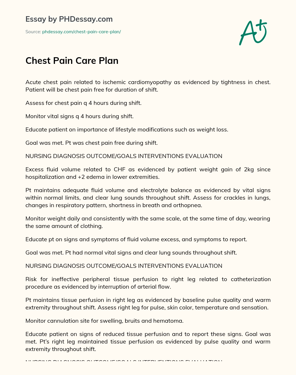 Chest Pain Care Plan essay