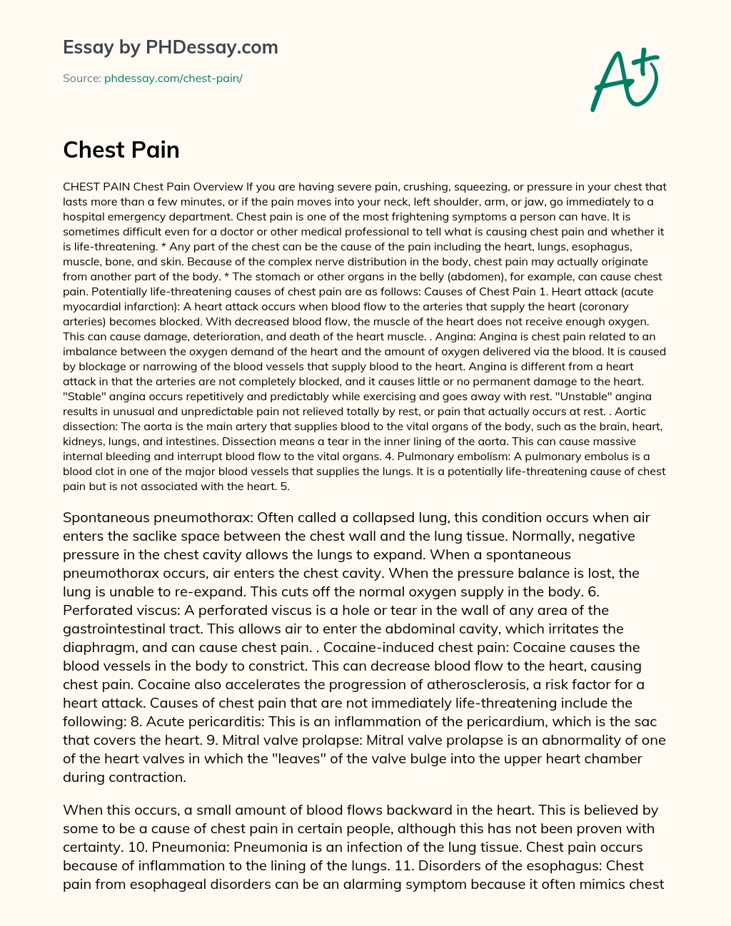Understanding Chest Pain: Causes and When to Seek Emergency Care essay