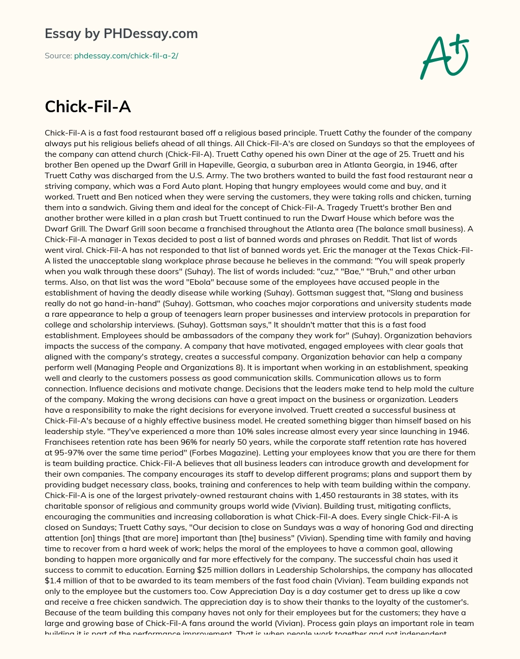 Chick-Fil-A’s Religious Roots and Early History essay
