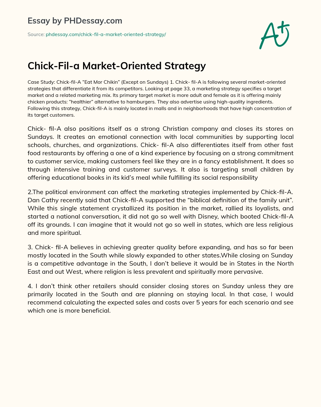 Chick-Fil-a Market-Oriented Strategy essay