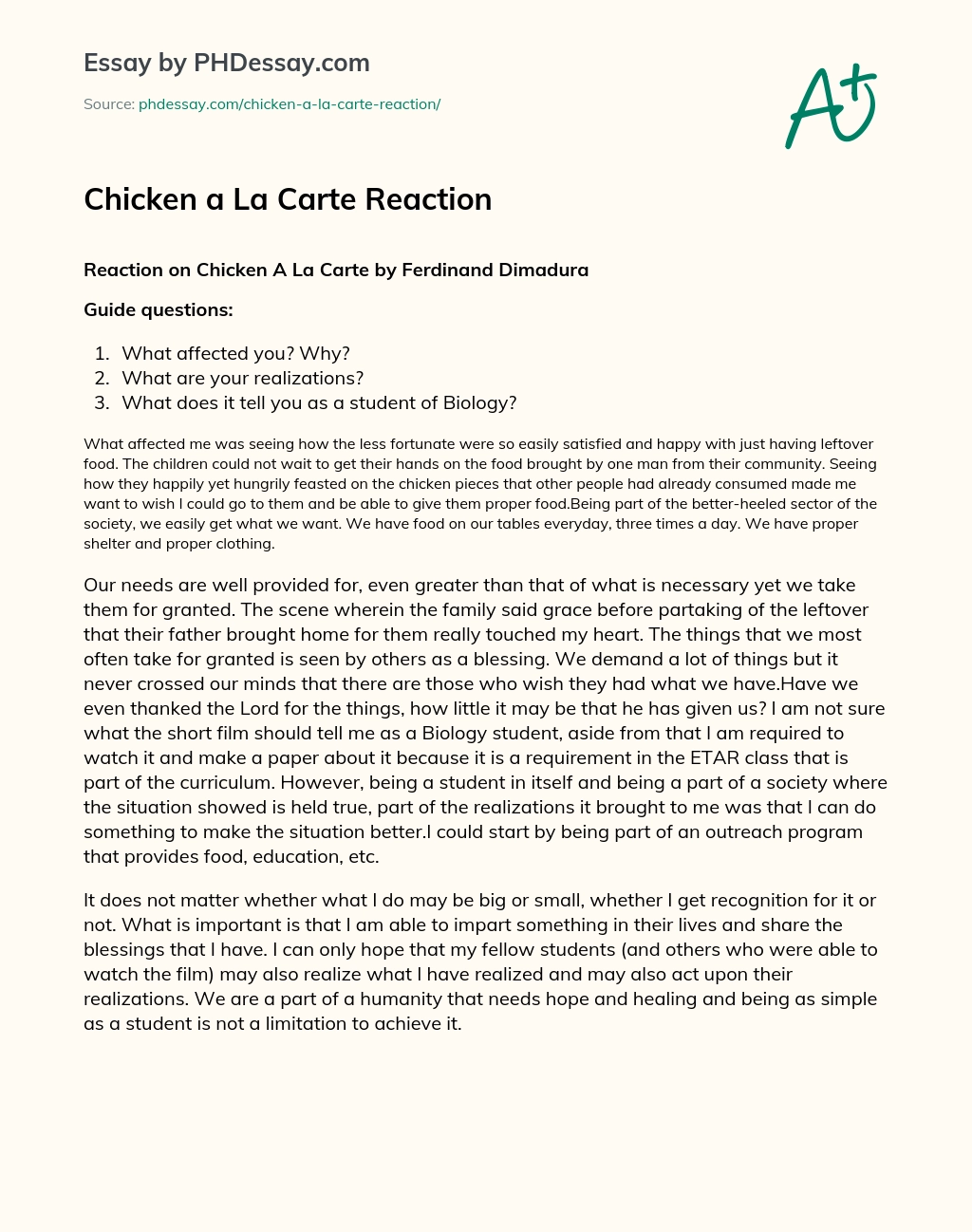 Chicken a La Carte Reaction essay