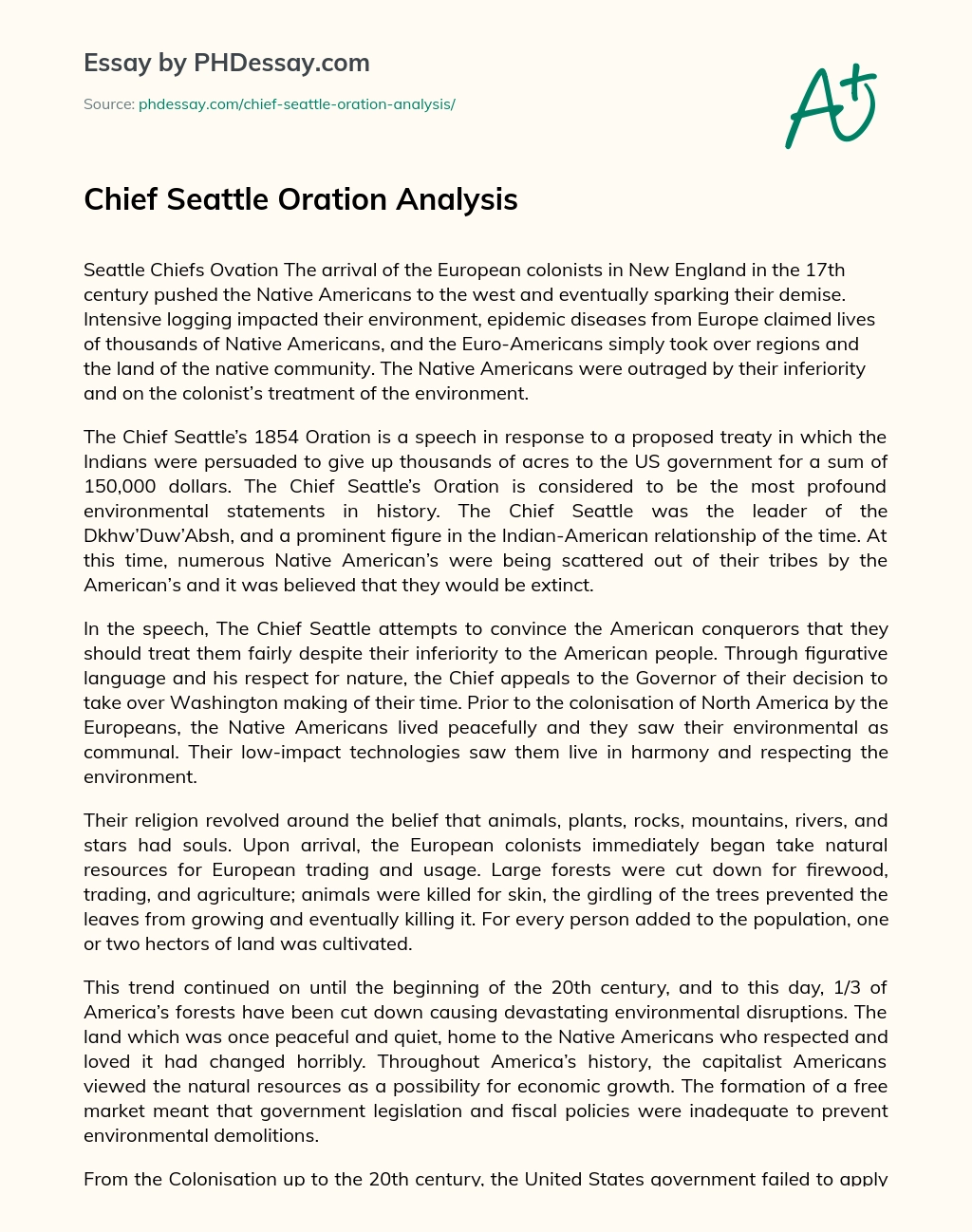 Chief Seattle Oration Analysis essay