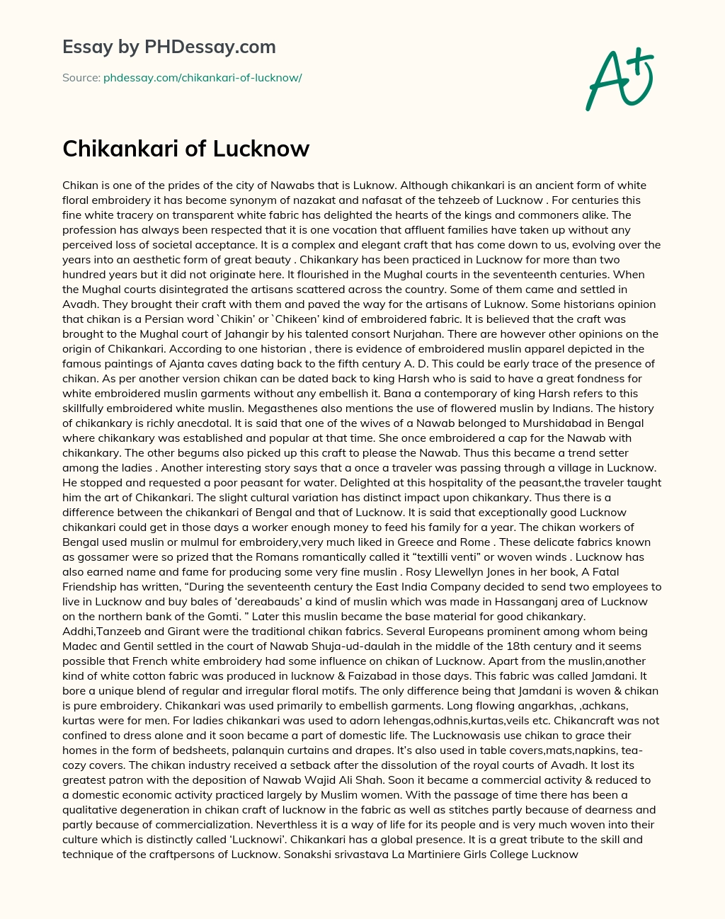 Chikankari of Lucknow essay