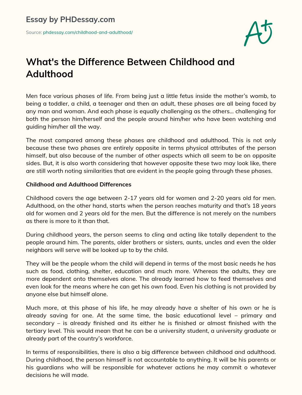 Wat is het verschil tussen kindertijd en volwassenheid essay