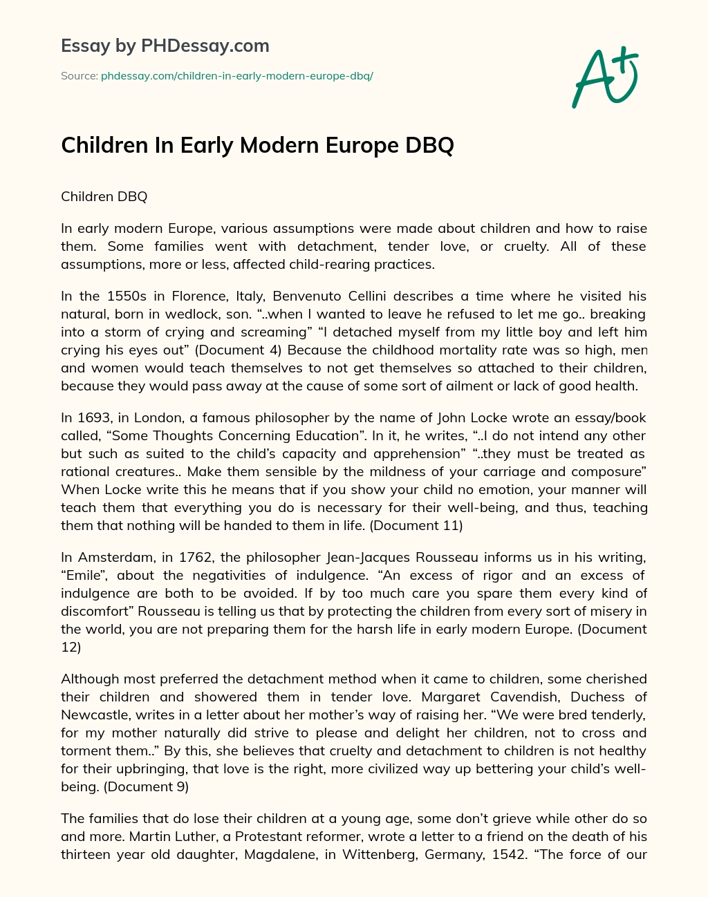 Children In Early Modern Europe DBQ essay
