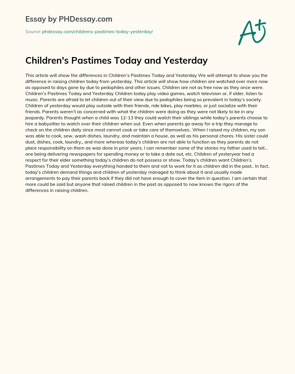 Children’s Pastimes Today and Yesterday essay