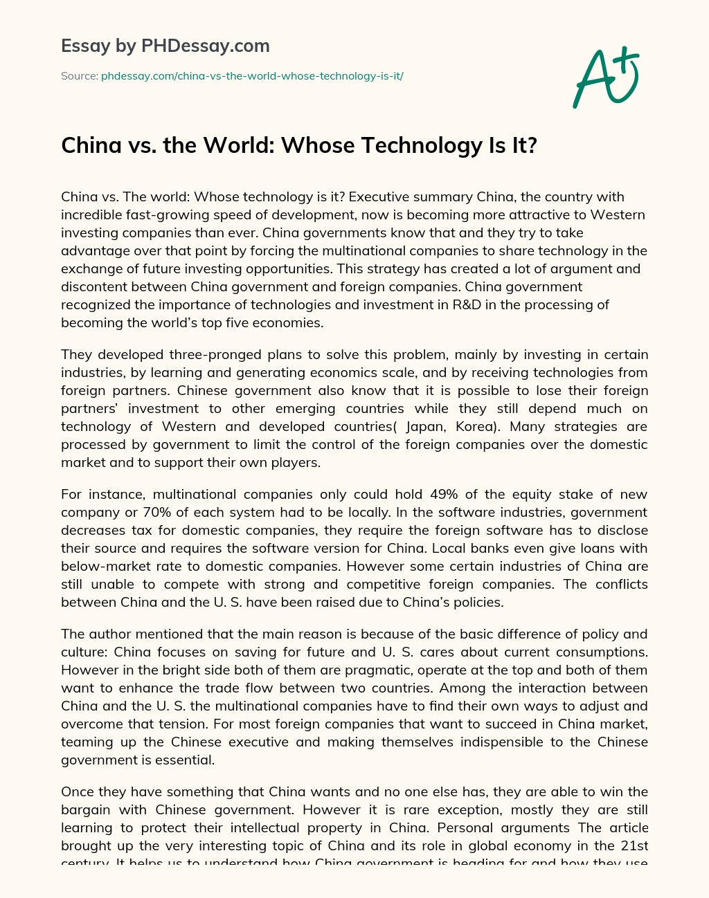 China vs. the World: Whose Technology Is It? essay