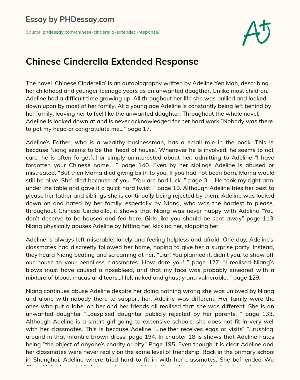 Chinese Cinderella Extended Response essay