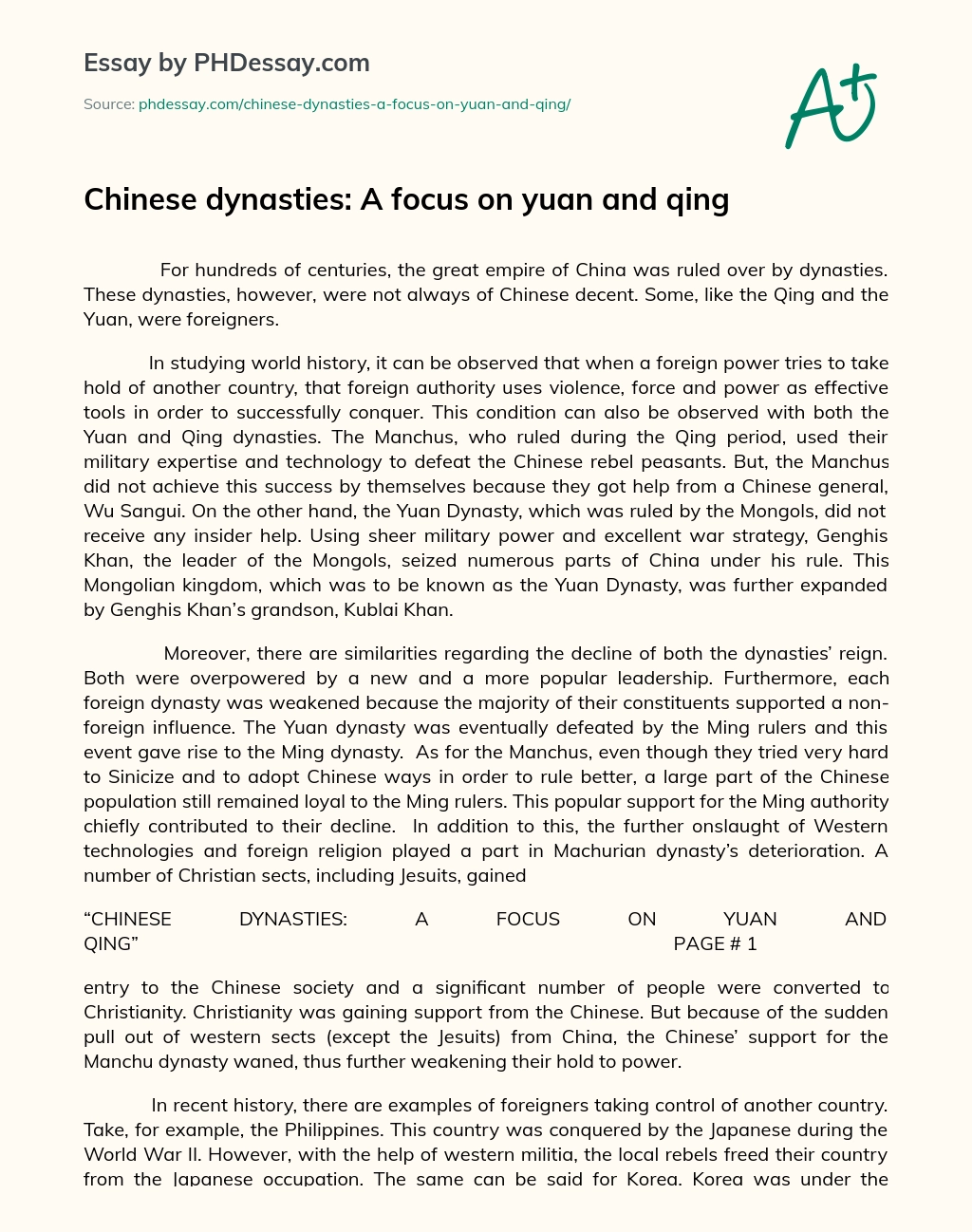 Chinese Dynasties: A Focus On Yuan and Qing essay
