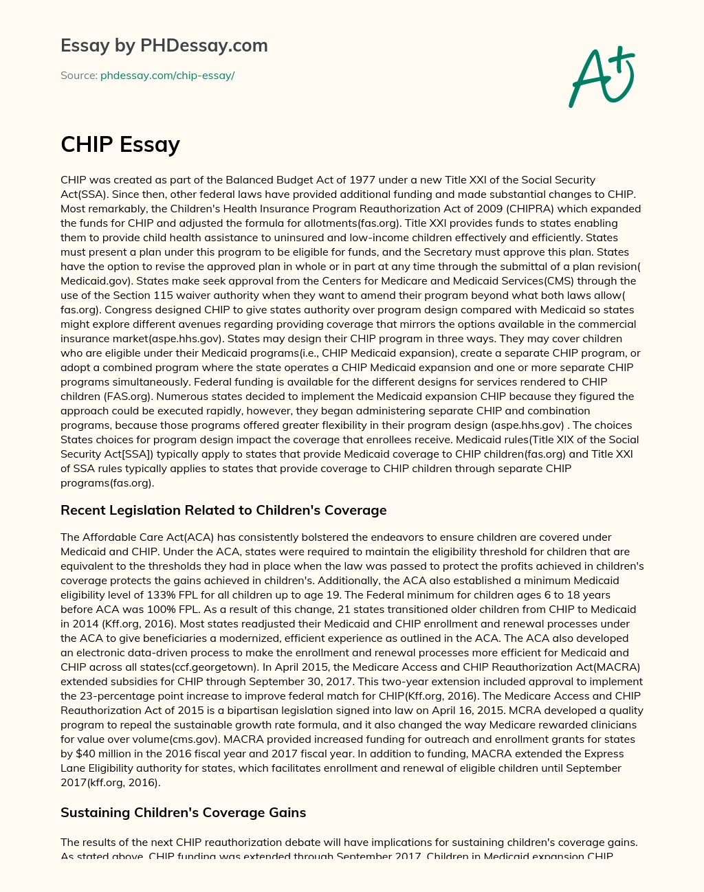 The Children’s Health Insurance Program (CHIP) and its Funding and Regulations essay