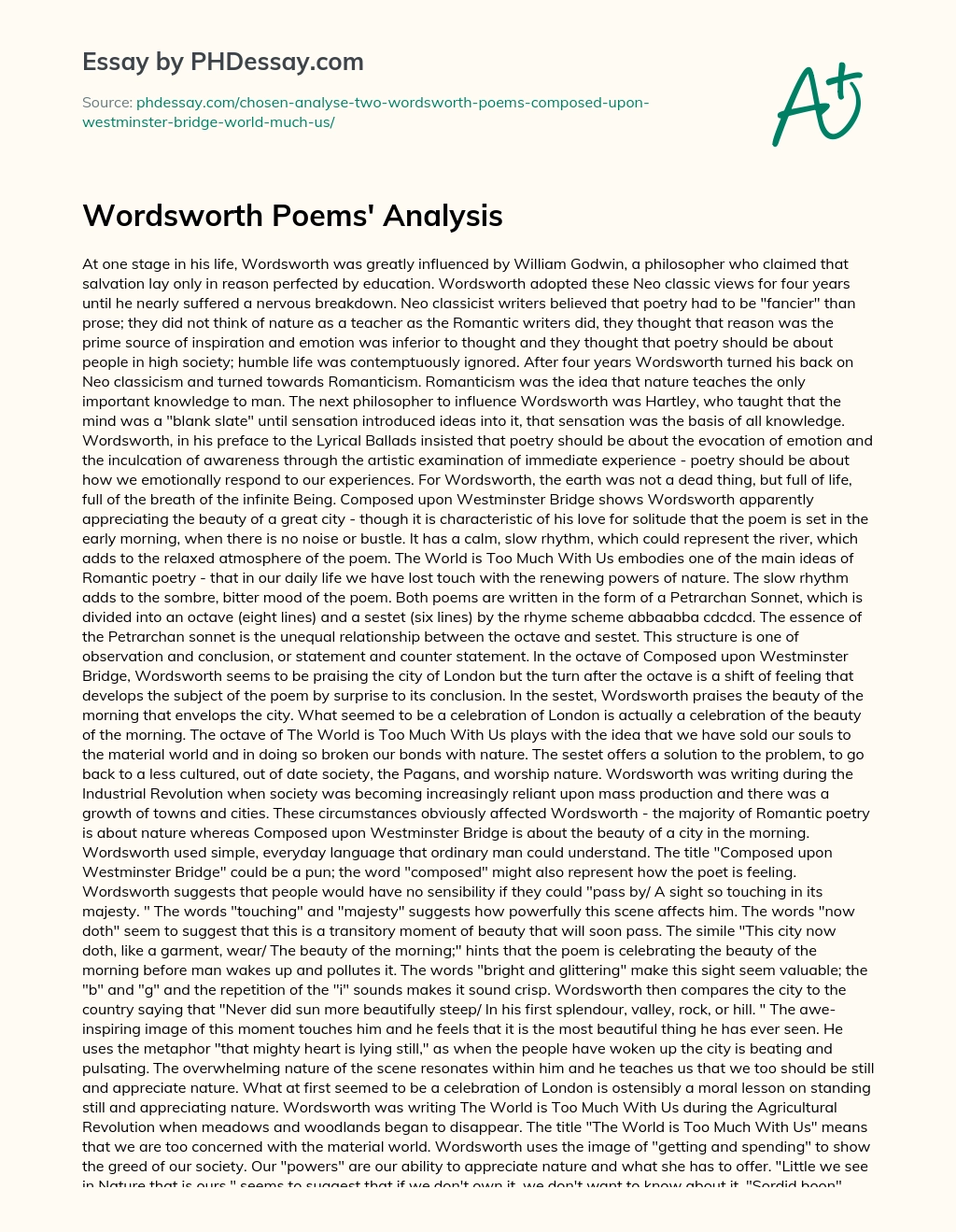 Wordsworth Poems’ Analysis essay