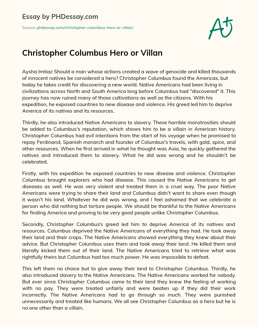 Christopher Columbus Hero or Villan essay
