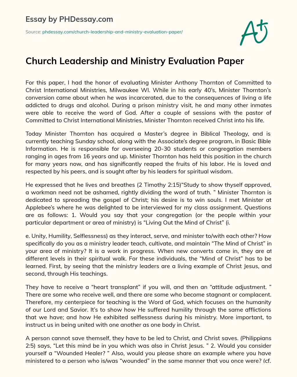 Church Leadership and Ministry Evaluation Paper essay