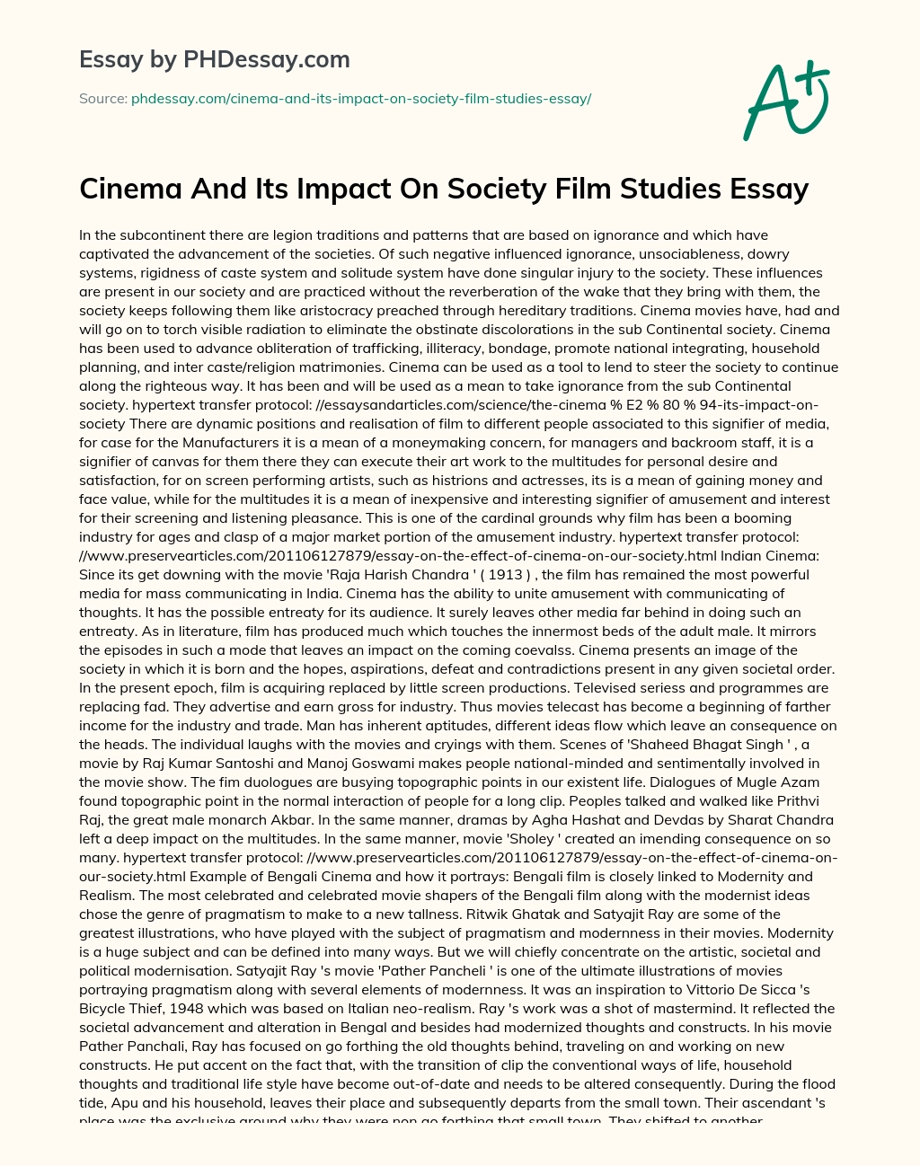 Cinema And Its Impact On Society Film Studies Essay essay