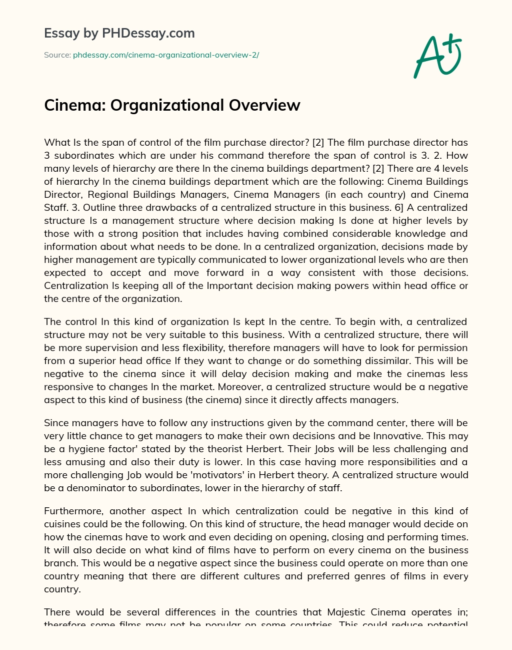Cinema: Organizational Overview essay