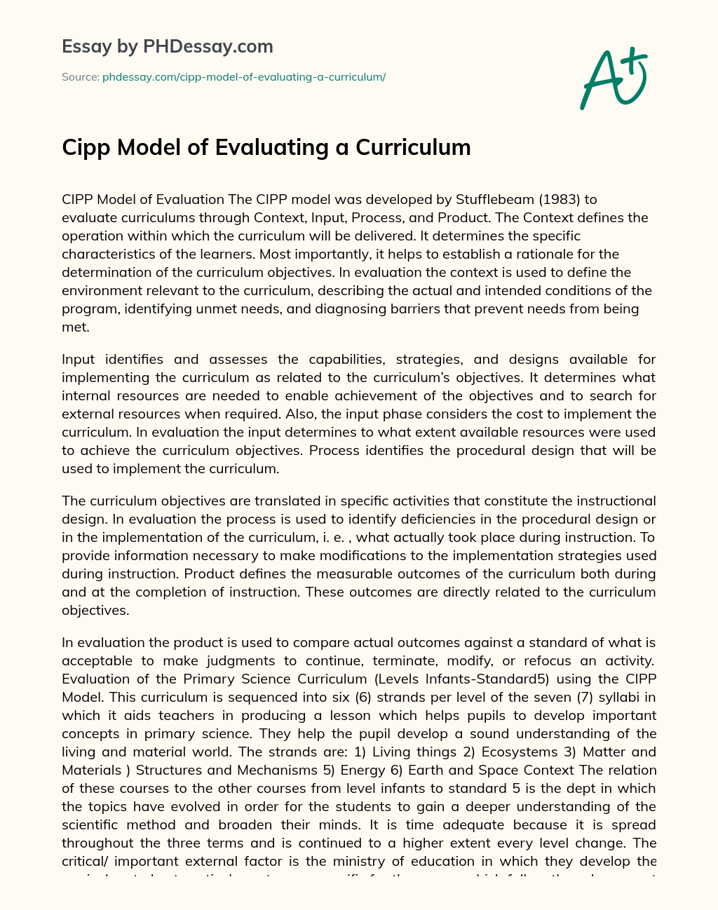 Cipp Model of Evaluating a Curriculum essay