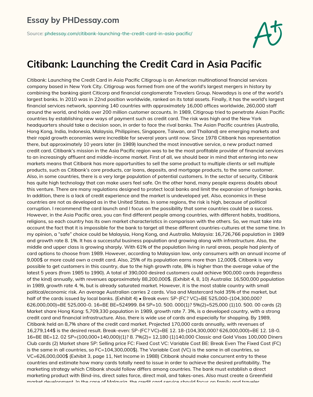 Citibank: Launching the Credit Card in Asia Pacific essay
