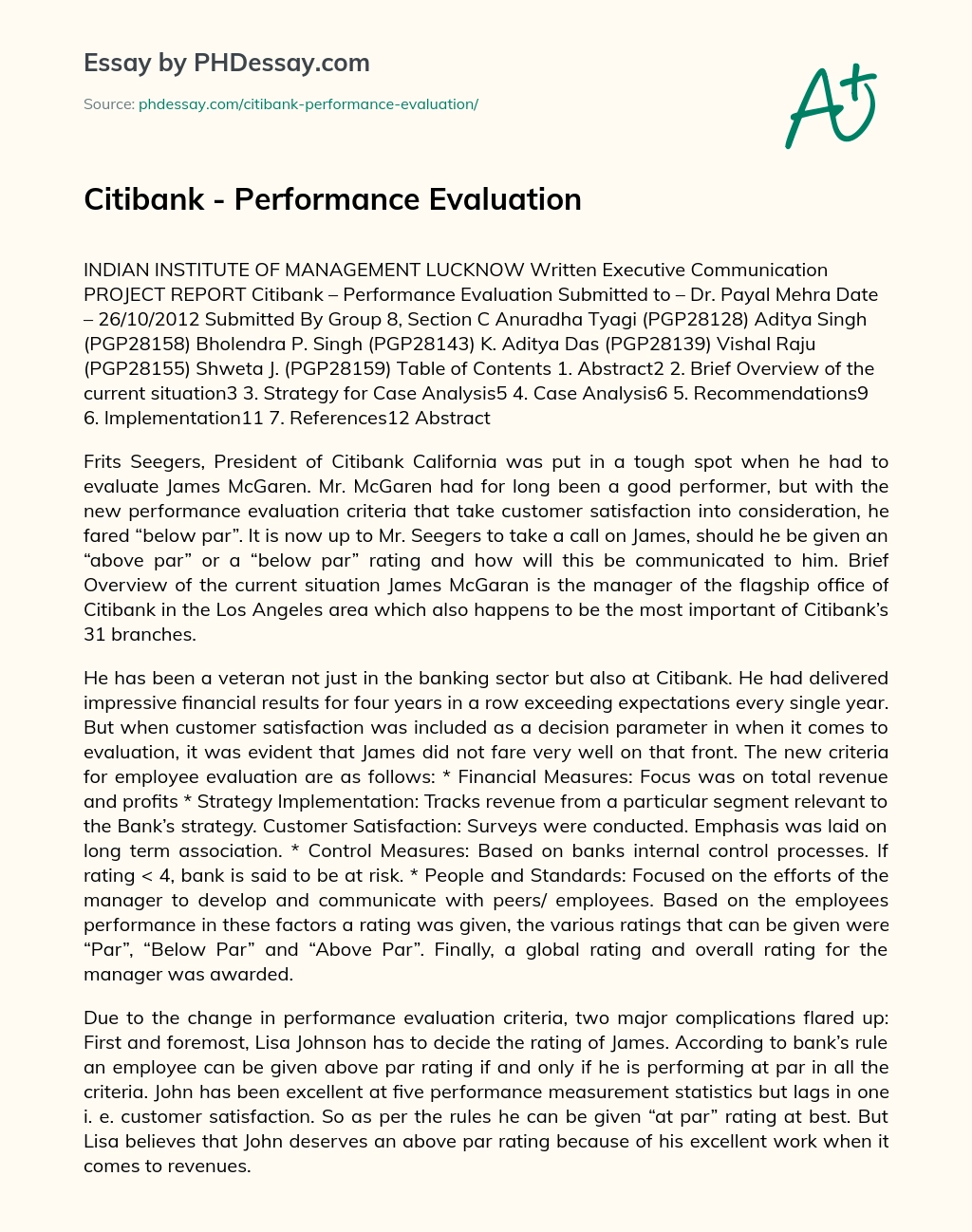 Citibank – Performance Evaluation essay