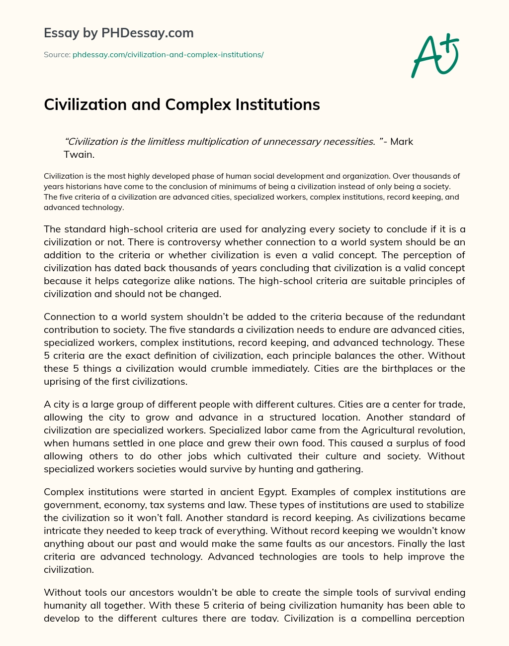 Civilization and Complex Institutions essay