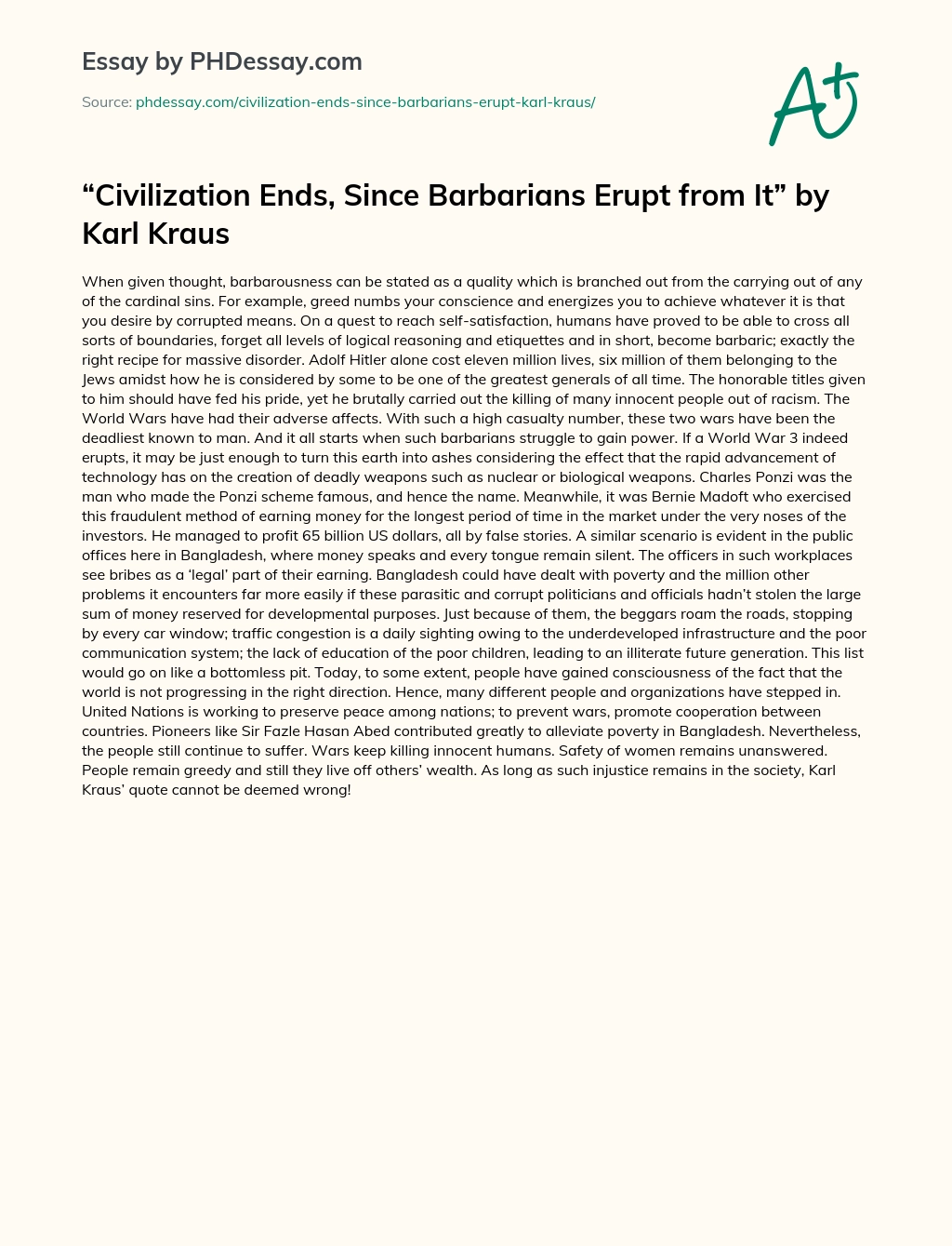 Civilization Ends, Since Barbarians Erupt from It by Karl Kraus essay