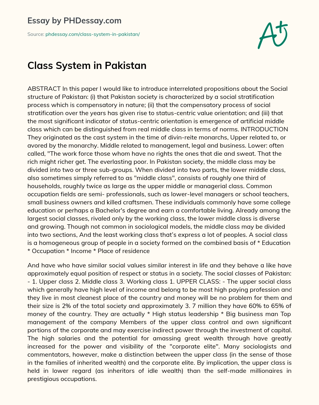Class System in Pakistan essay