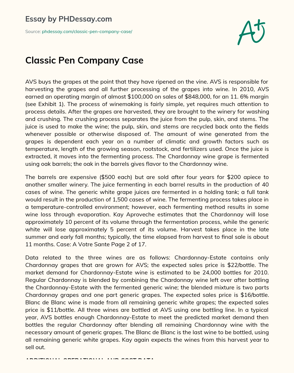 Classic Pen Company Case essay