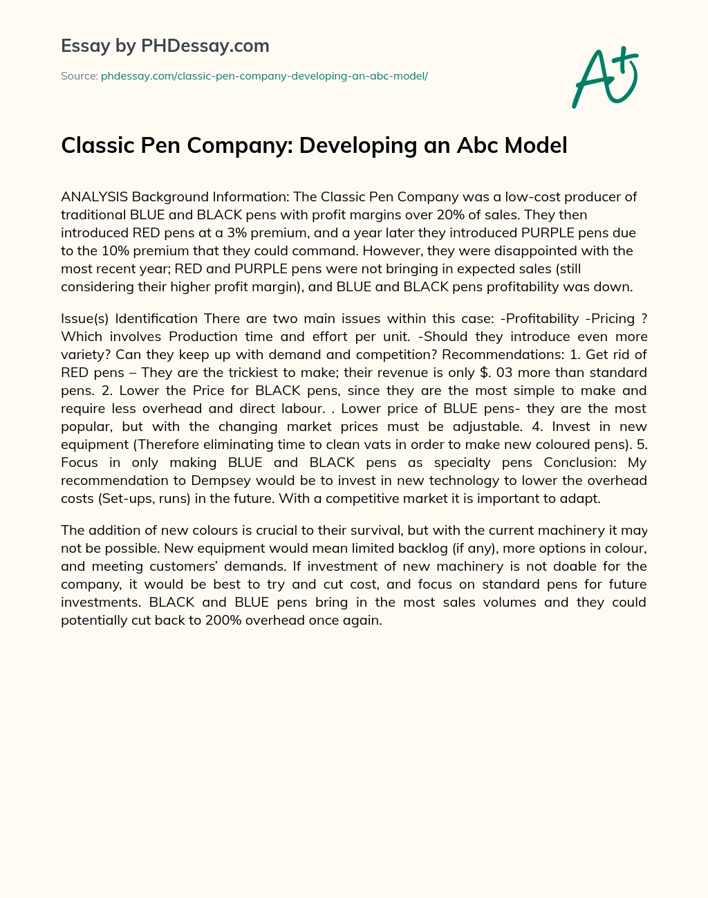 Classic Pen Company: Developing an Abc Model essay