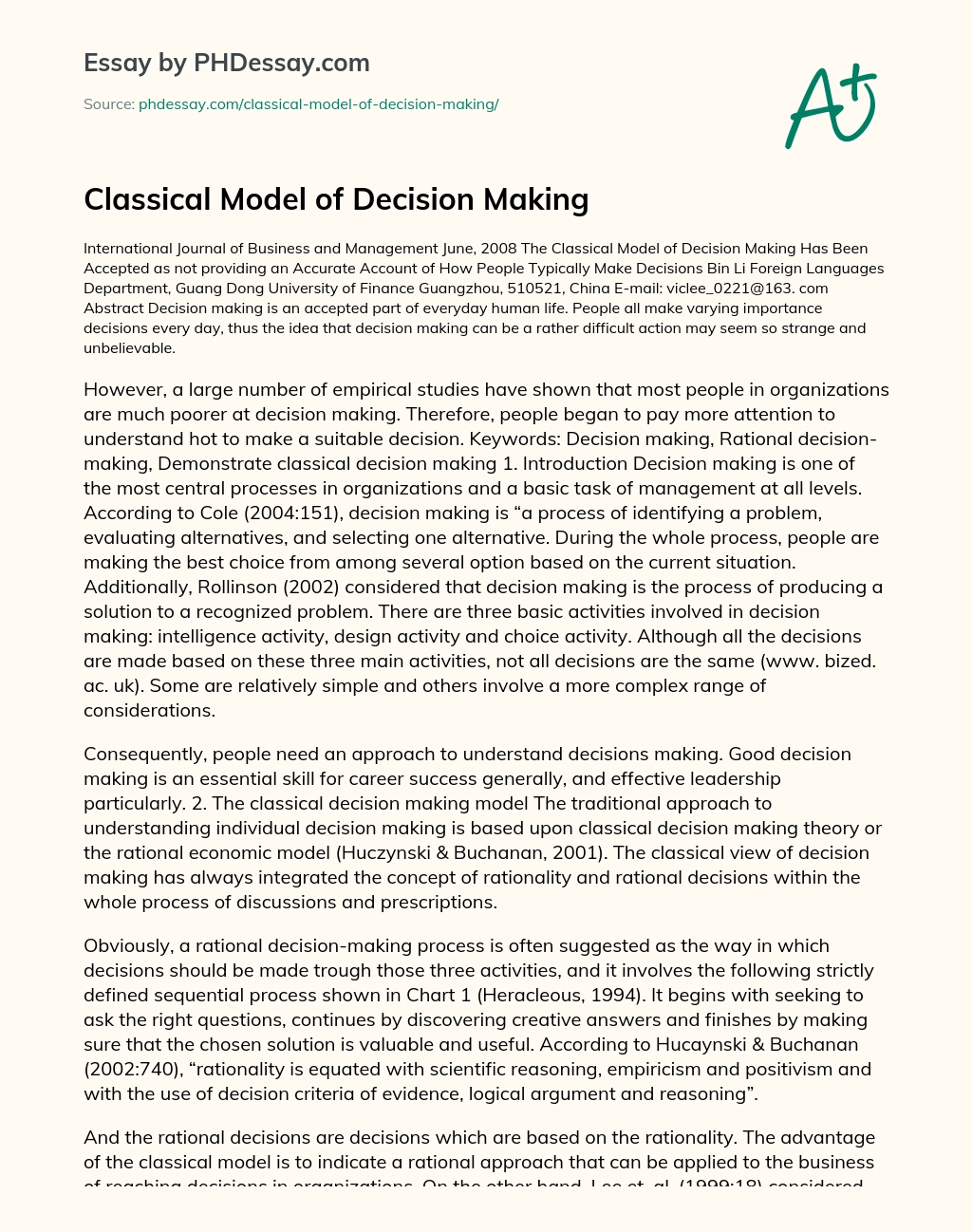 Classical Model of Decision Making essay