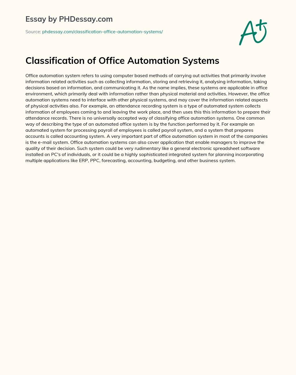 Classification of Office Automation Systems essay