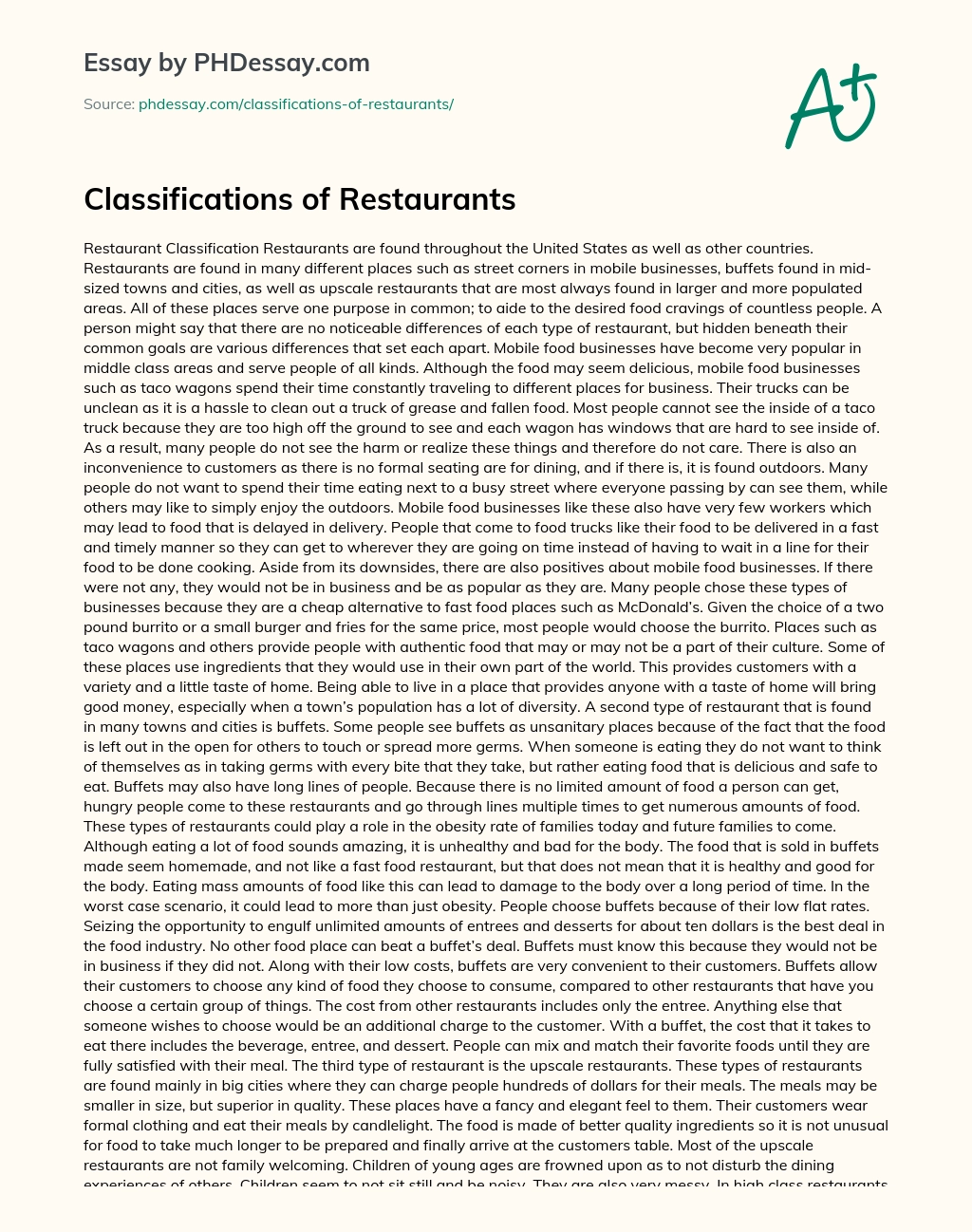Classifications of Restaurants essay