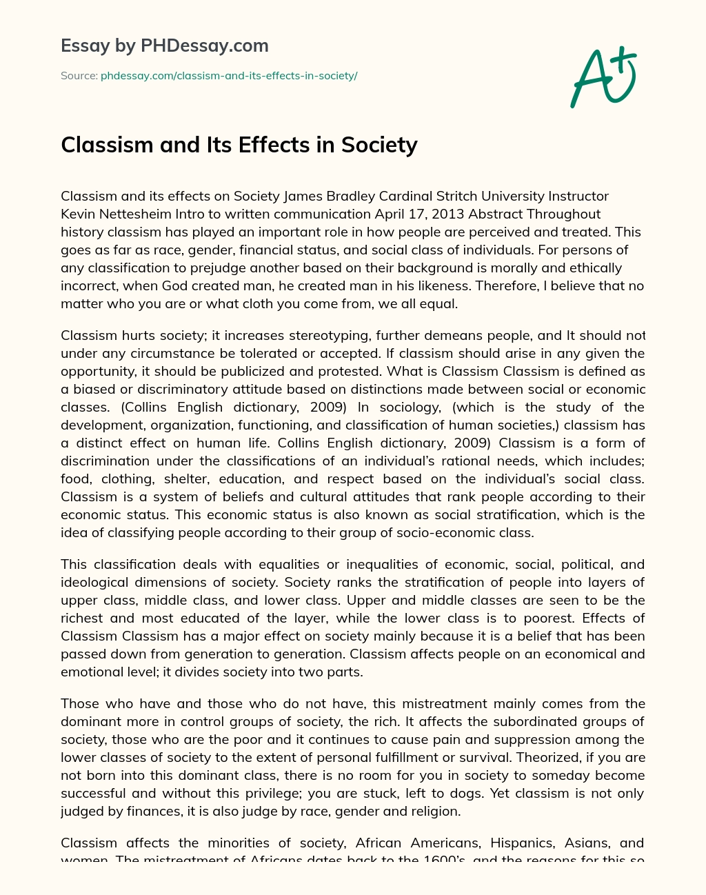 Classism and Its Effects in Society essay