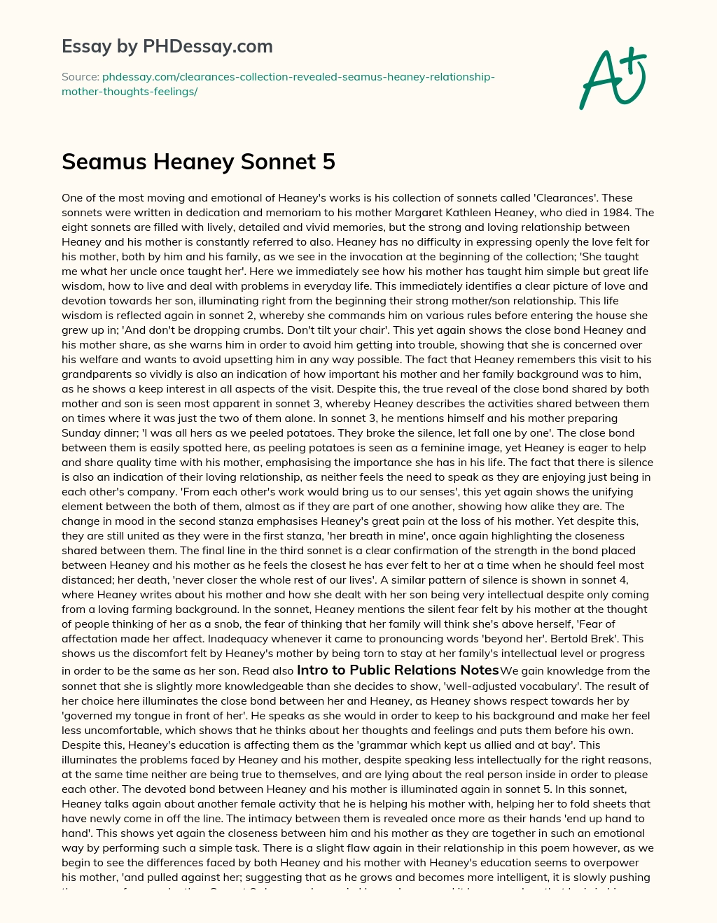 Seamus Heaney Sonnet 5 essay