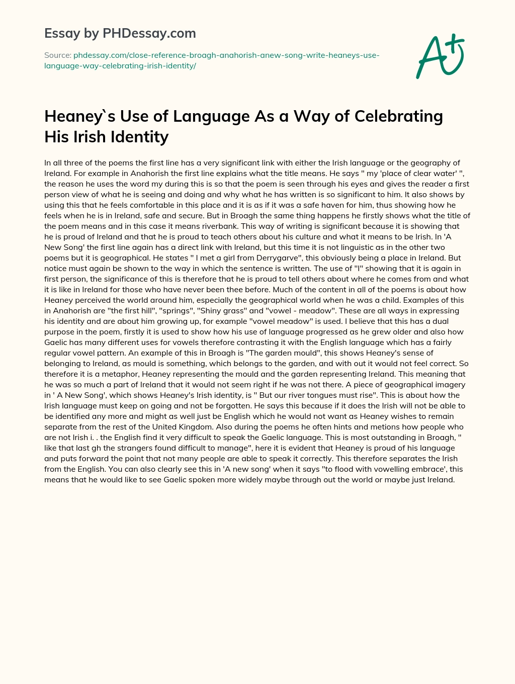 Heaney`s Use of Language As a Way of Celebrating His Irish Identity essay