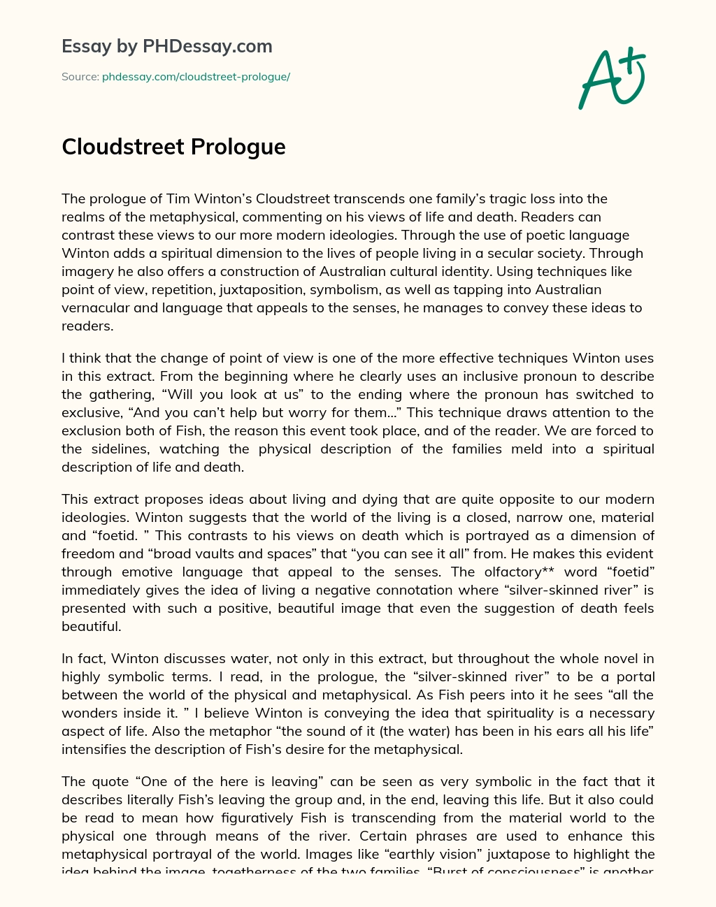 Cloudstreet Prologue essay