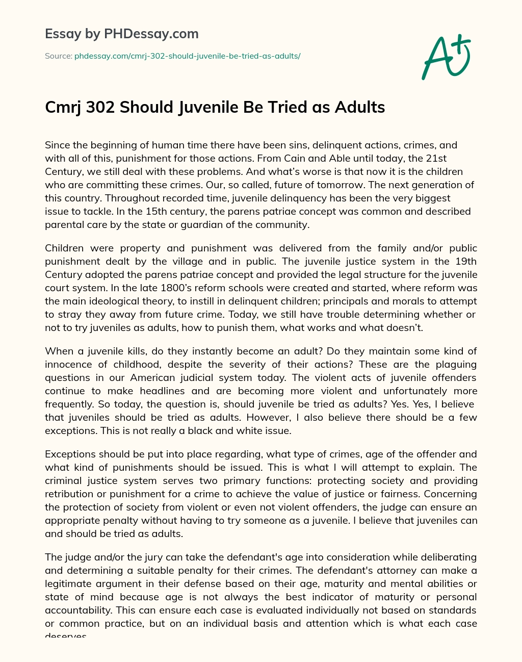 Cmrj 302 Should Juvenile Be Tried as Adults essay