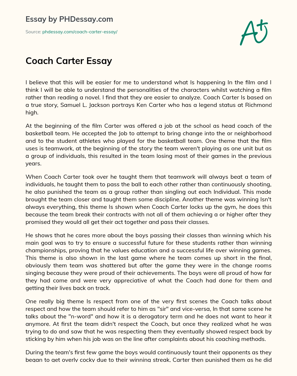 Coach Carter Summary And Review Essay Example 