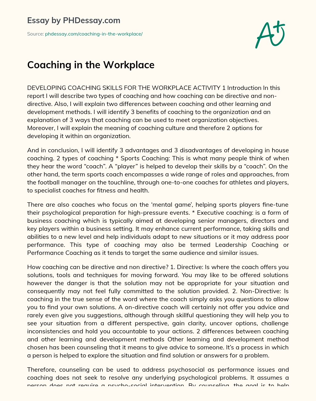 Coaching in the Workplace essay