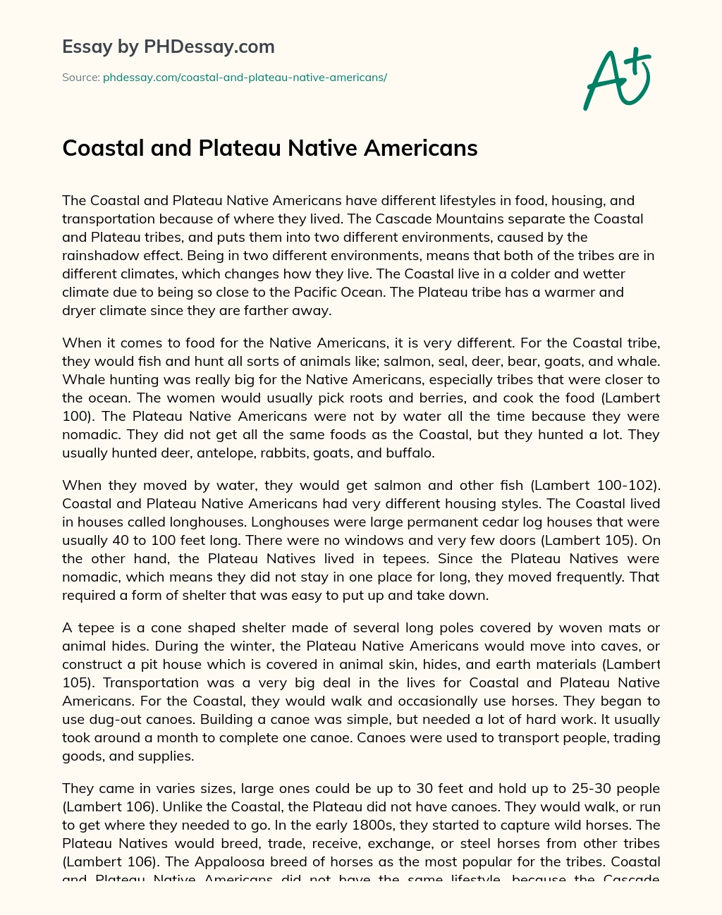 Coastal and Plateau Native Americans essay