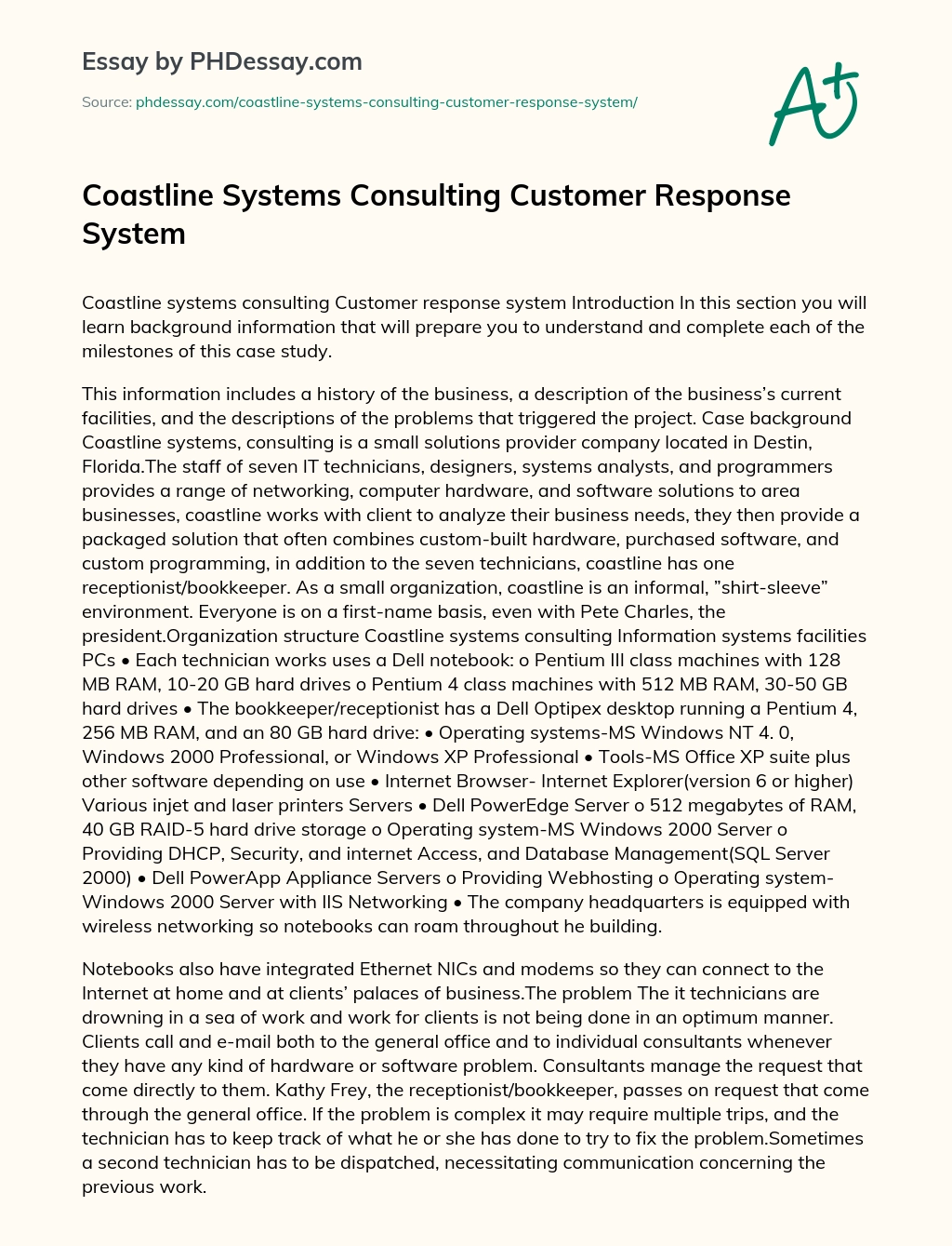 Coastline Systems Consulting Customer Response System essay