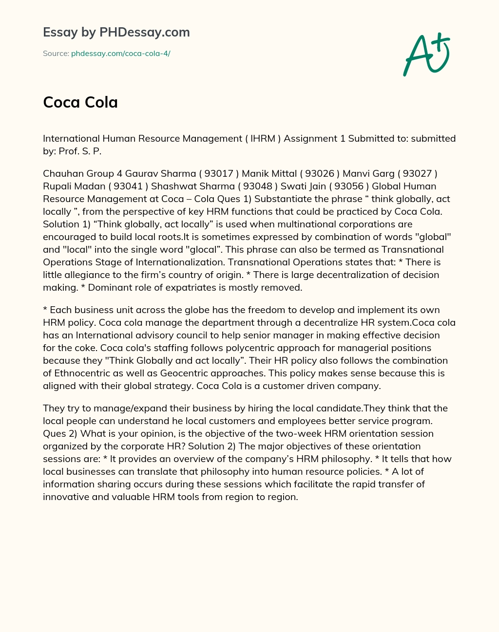 Global-local HR practices at Coca-Cola: Think globally, act locally essay