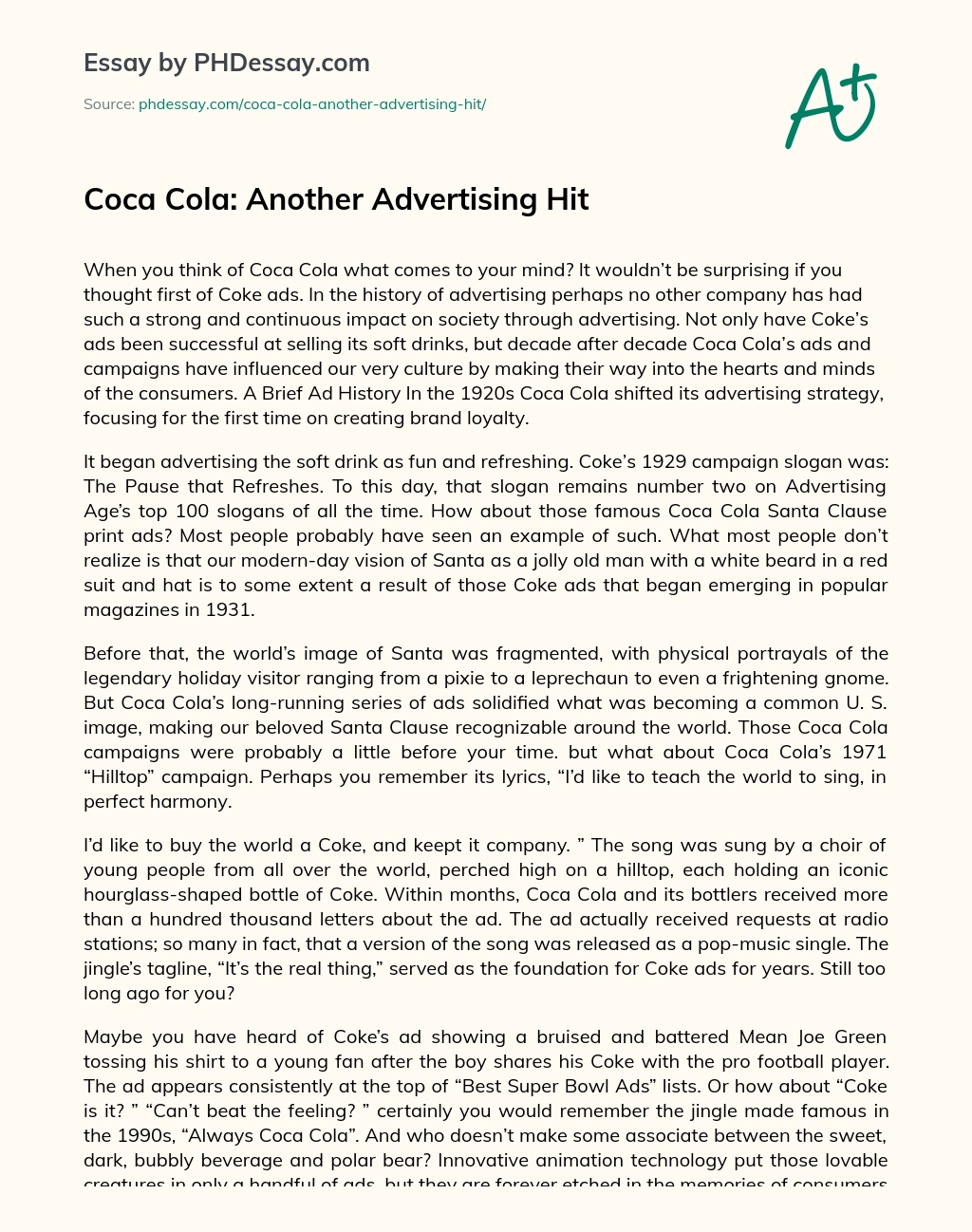 Coca Cola: Another Advertising Hit essay