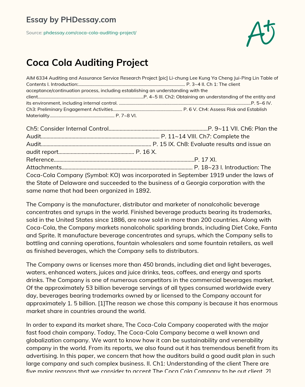 Coca Cola Auditing Project essay