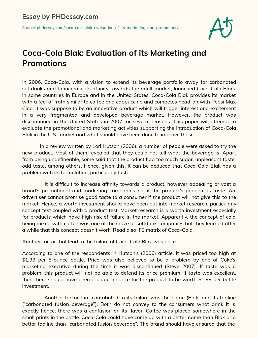 Coca-Cola Blak: Evaluation of its Marketing and Promotions essay