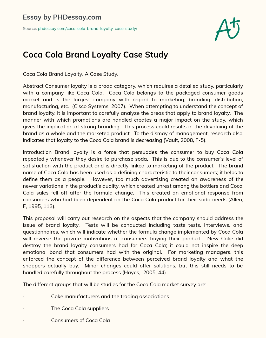 Coca Cola Brand Loyalty Case Study essay
