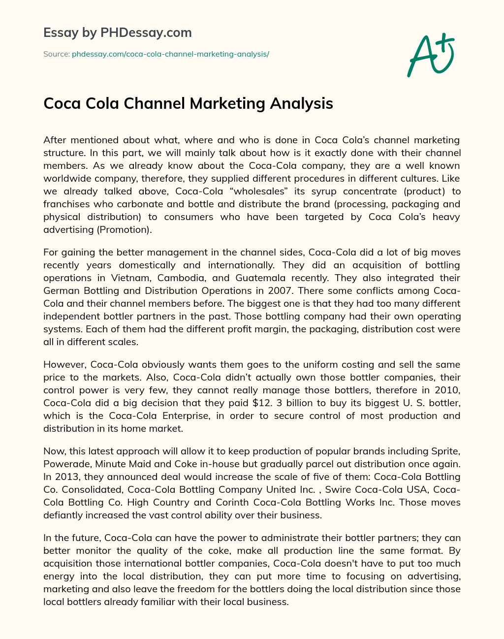 Coca Cola Channel Marketing Analysis essay