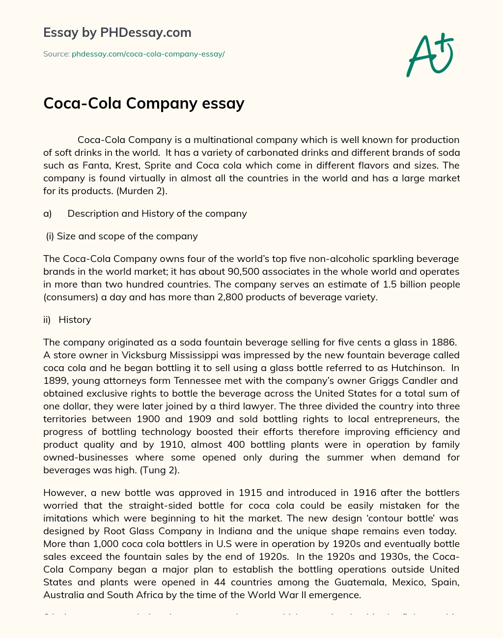 Реферат: Coca Cola Essay Research Paper AbstractThe CocaCola