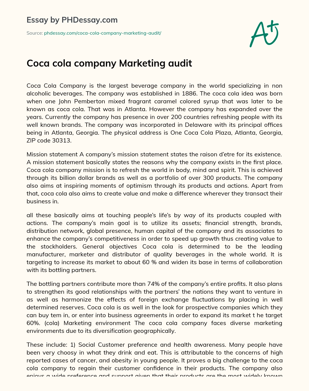 Coca-Cola Company Marketing Audit essay