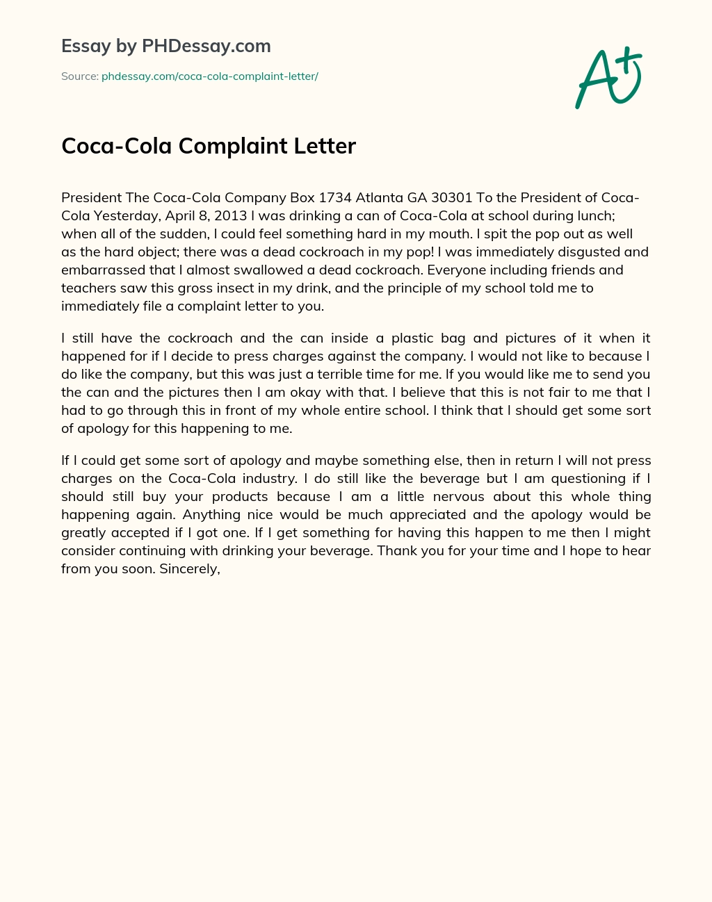 Coca-Cola Complaint Letter essay